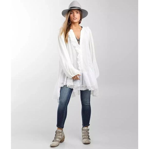 Free People Women's White Jeanette Lace Trim Gauze Tunic Mini Dress Size Medium - Picture 1 of 6